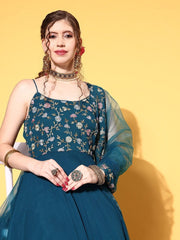 Women Teal Georgette Ethereal Embroidery Kurta - Inddus.com