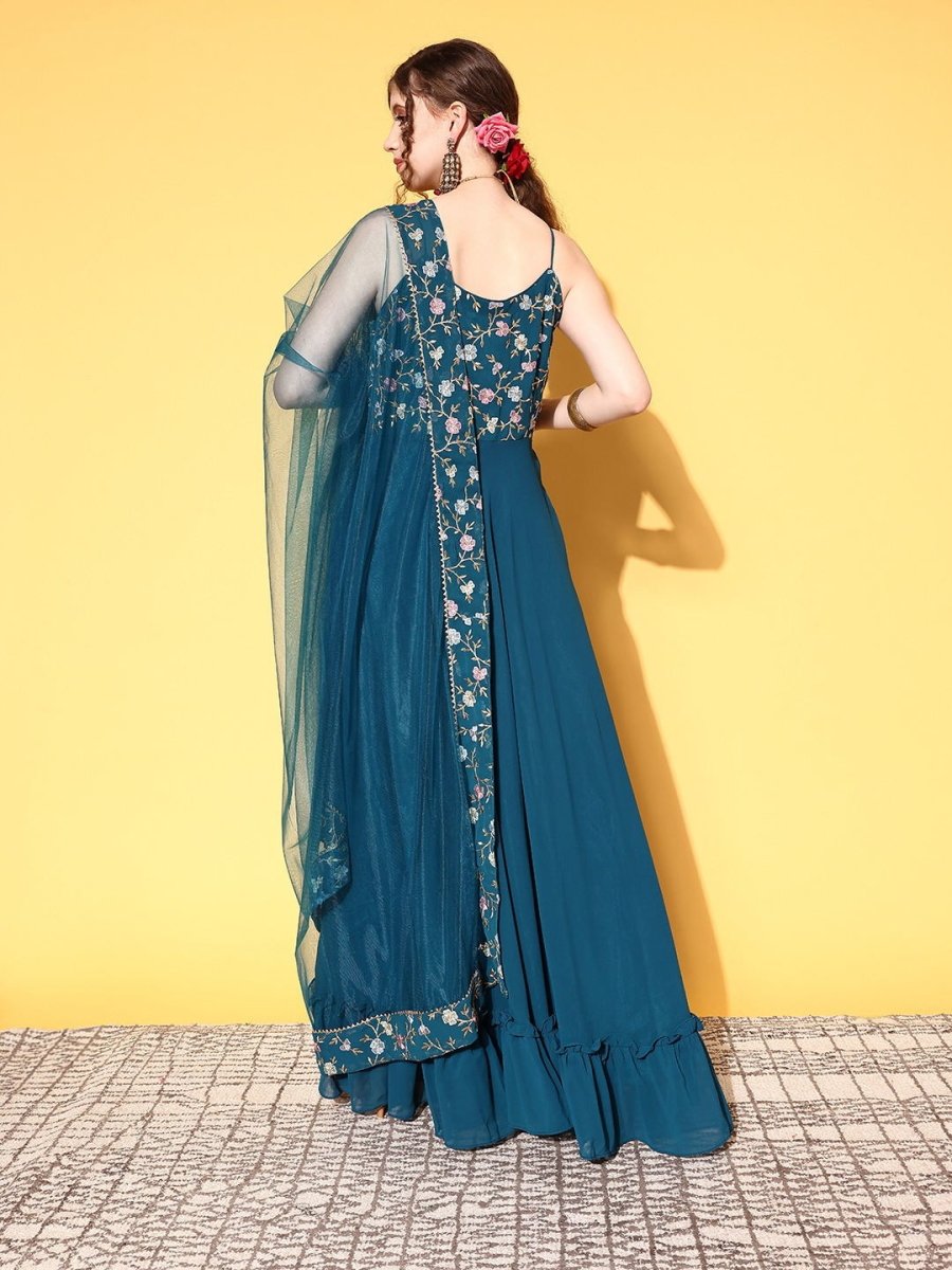 Women Teal Georgette Ethereal Embroidery Kurta - Inddus.com