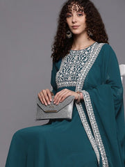 Women Teal & White Floral Yoke Design Thread Work Georgette Kurta - Inddus.com