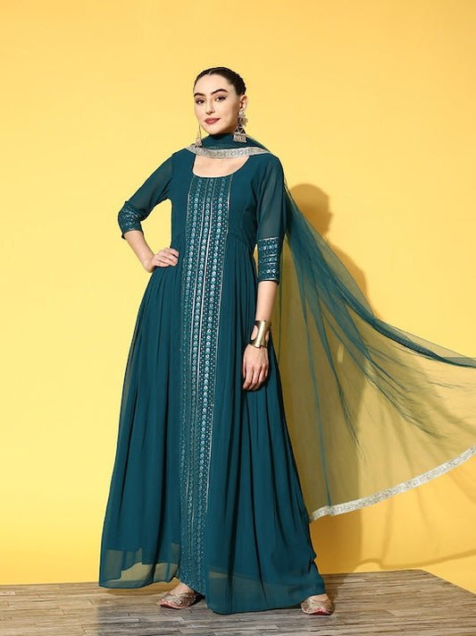 Women Teal Yoke Design Georgette Kurta With Dupatta - Inddus.com