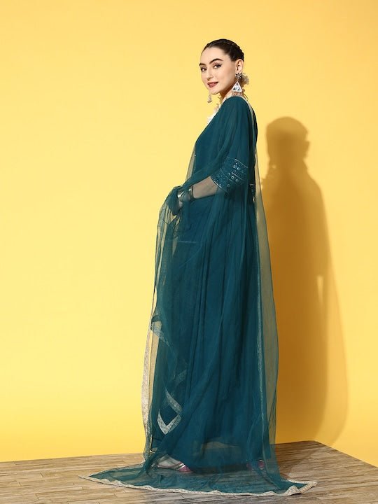 Women Teal Yoke Design Georgette Kurta With Dupatta - Inddus.com