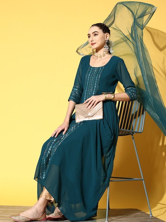 Women Teal Yoke Design Georgette Kurta With Dupatta - Inddus.com