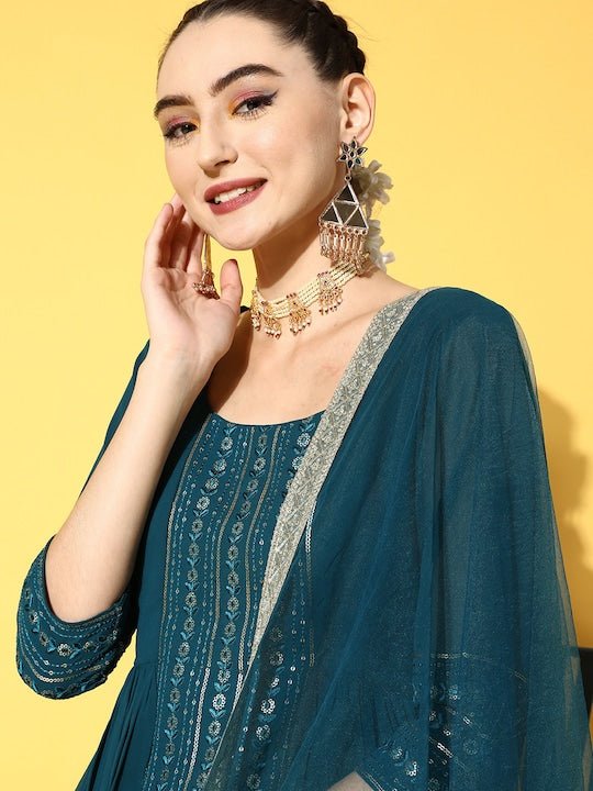 Women Teal Yoke Design Georgette Kurta With Dupatta - Inddus.com