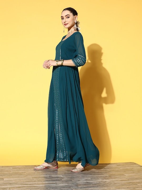 Women Teal Yoke Design Georgette Kurta With Dupatta - Inddus.com