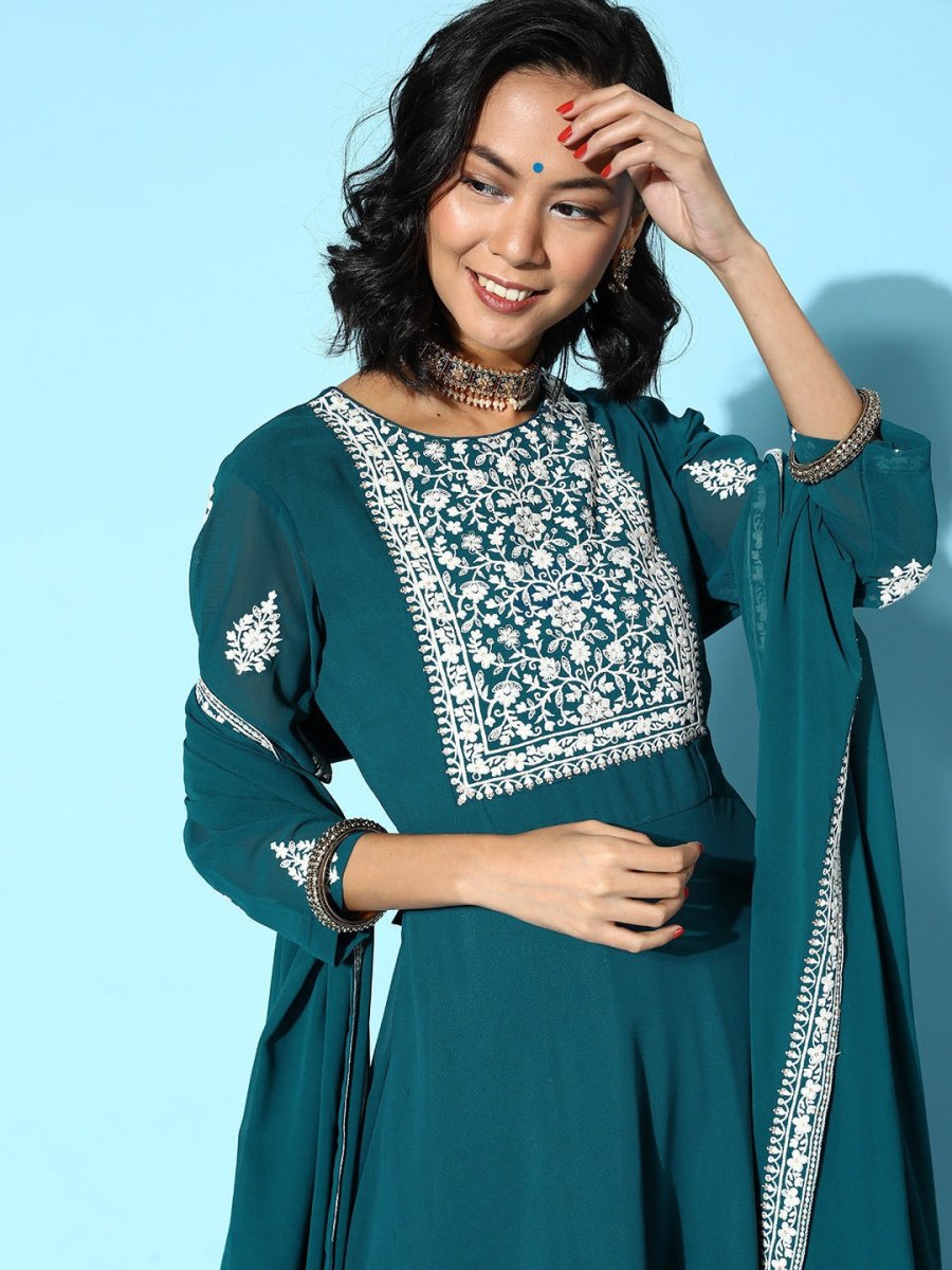 Women Tranquil Teal Georgette Swirling Volume Kurta - Inddus.com