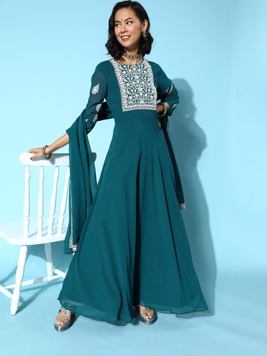 Women Tranquil Teal Georgette Swirling Volume Kurta - Inddus.com