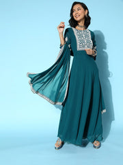 Women Tranquil Teal Georgette Swirling Volume Kurta - Inddus.com