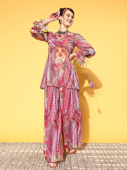 Women Tribal Poly Chiffon Print Parade Kurta Set - Inddus.com