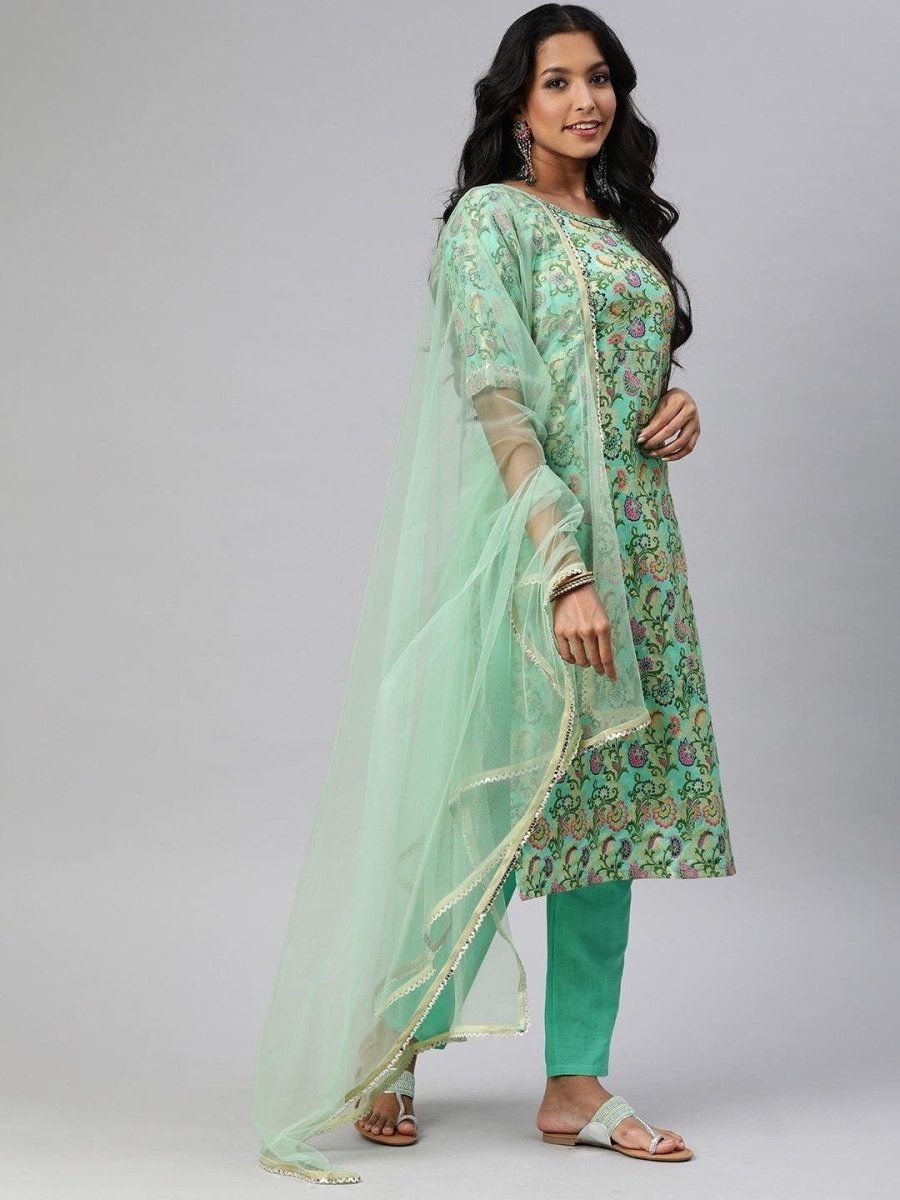 Women Turquoise Blue & Pink Woven Straight Cut Suit - Inddus.com