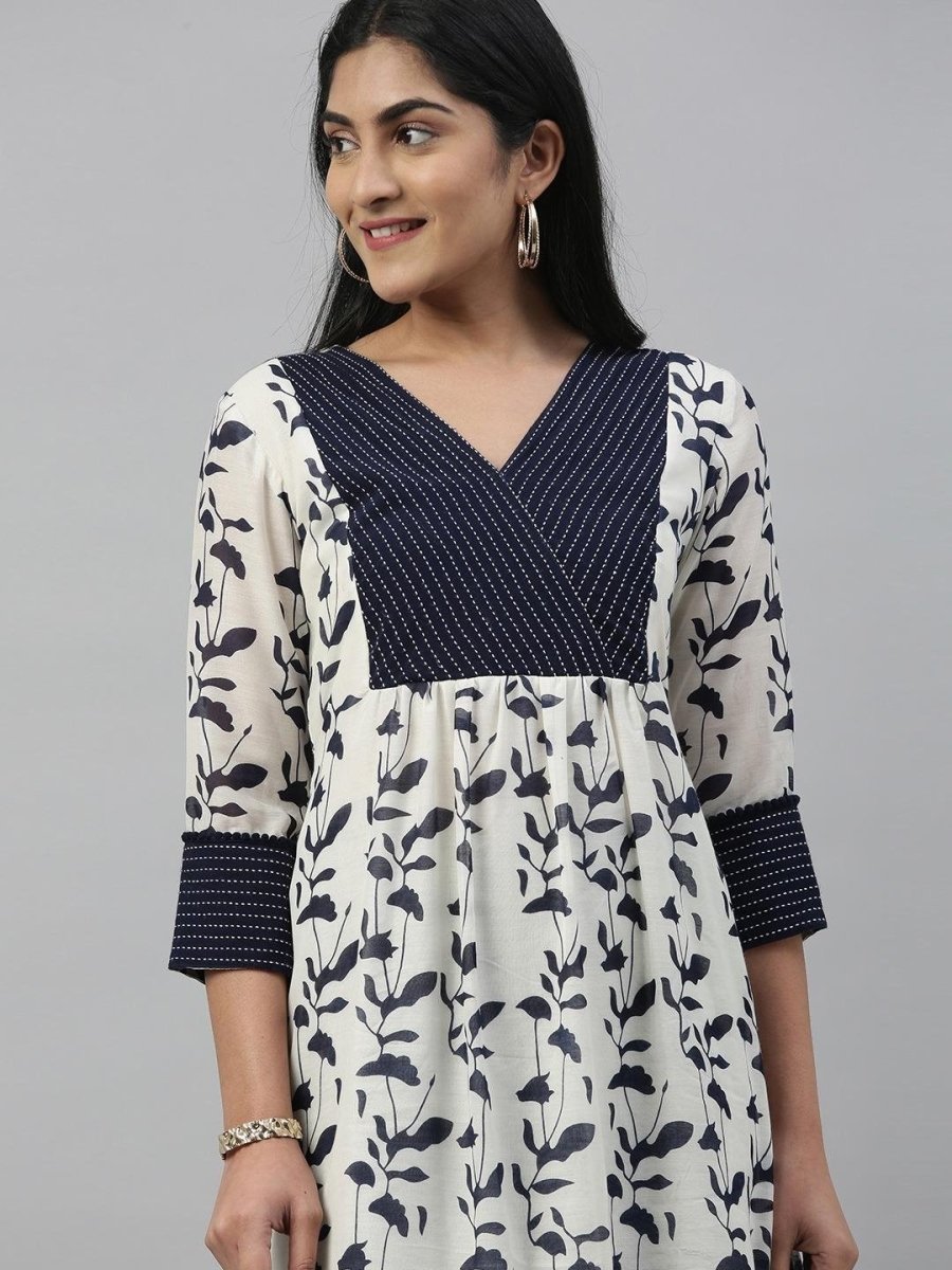 Women White & Blue Printed A-Line Kurta - Inddus.com