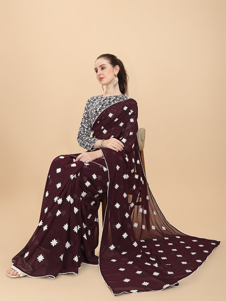 Women Wine Embroidered Georgette Saree with Blouse Piece - Inddus.com