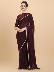 Women Wine Embroidered Georgette Saree with Net Blouse Piece - Inddus.com