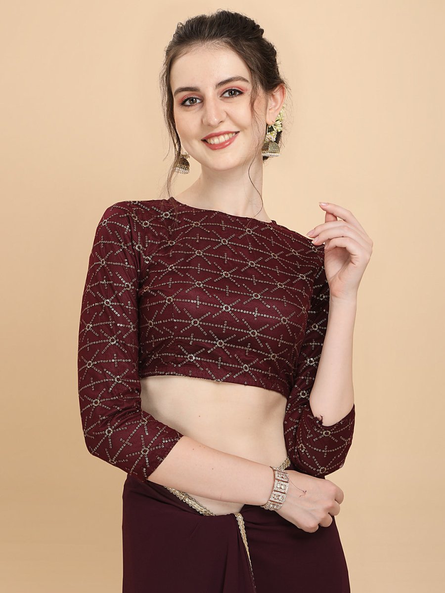 Women Wine Embroidered Georgette Saree with Net Blouse Piece - Inddus.com