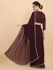 Women Wine Embroidered Georgette Saree with Net Blouse Piece - Inddus.com