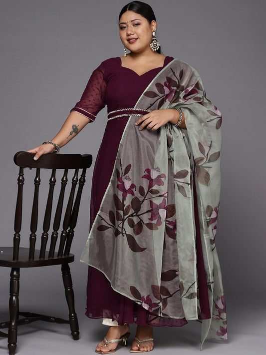 Women Wine Self Design Anarkali Kurta with Printed Organza Dupatta - Inddus.com