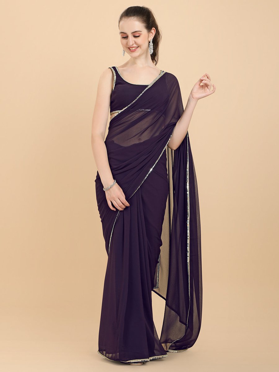 Women Wine Solid Georgette Saree with Blouse Piece - Inddus.com