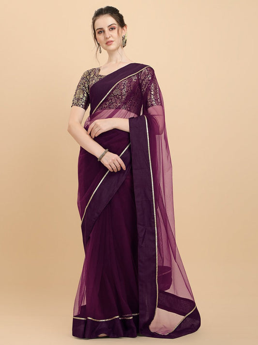 Women Wine Woven Design Net Saree with Brocade Blouse Piece - Inddus.com