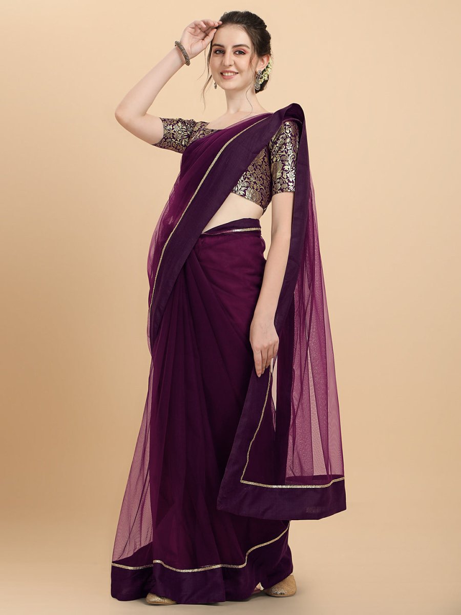 Women Wine Woven Design Net Saree with Brocade Blouse Piece - Inddus.com