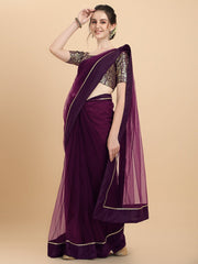 Women Wine Woven Design Net Saree with Brocade Blouse Piece - Inddus.com