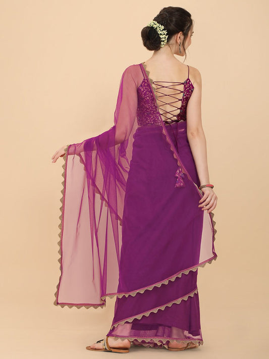 Women Wine Woven Design Net Saree with Brocade Blouse Piece - Inddus.com