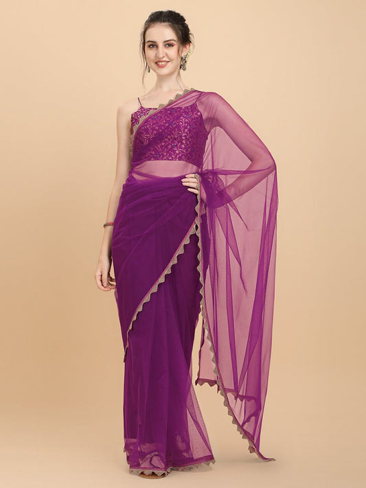 Women Wine Woven Design Net Saree with Brocade Blouse Piece - Inddus.com