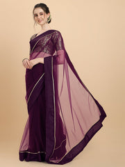 Women Wine Woven Design Net Saree with Brocade Blouse Piece - Inddus.com