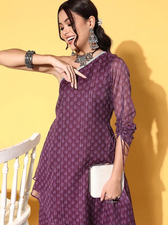 Women Wine Woven Design One Shoulder Kurta With Sharara - Inddus.com