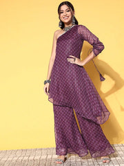 Women Wine Woven Design One Shoulder Kurta With Sharara - Inddus.com