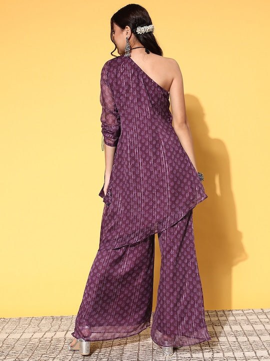 Women Wine Woven Design One Shoulder Kurta With Sharara - Inddus.com