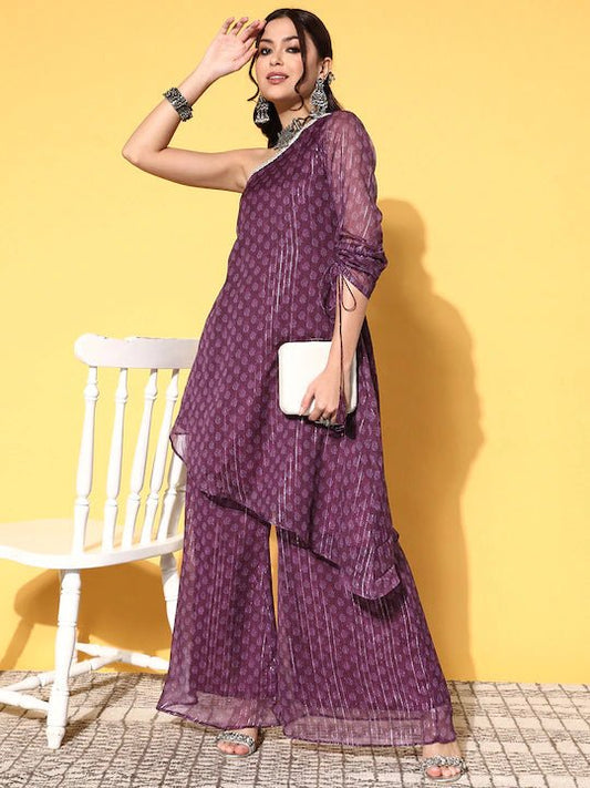 Women Wine Woven Design One Shoulder Kurta With Sharara - Inddus.com