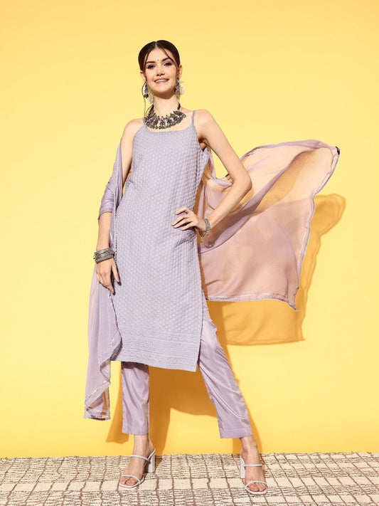 Women Woven Design Cotton Blend Ethereal Embroidery Kurta Set - Inddus.com