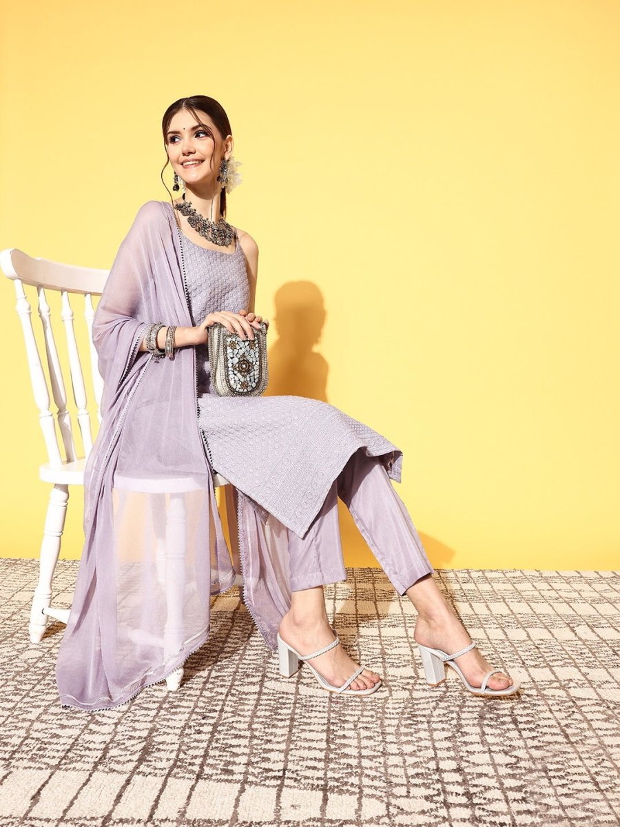 Women Woven Design Cotton Blend Ethereal Embroidery Kurta Set - Inddus.com