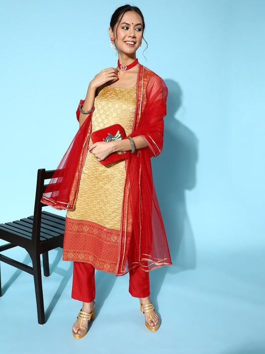 Women Woven Design Silk Blend Ethereal Embroidery Kurta Set - Inddus.com