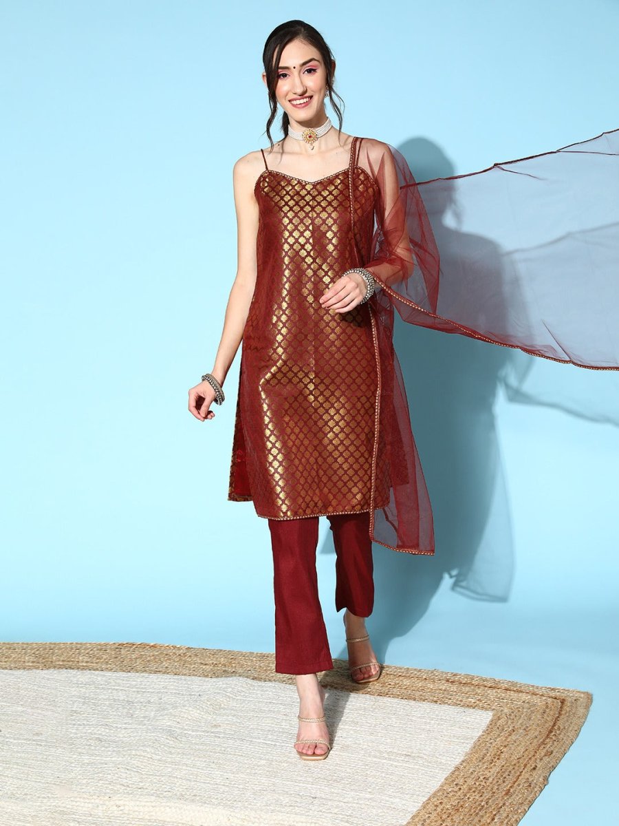 Women Woven Design Silk Blend Ethereal Embroidery Kurta Set - Inddus.com