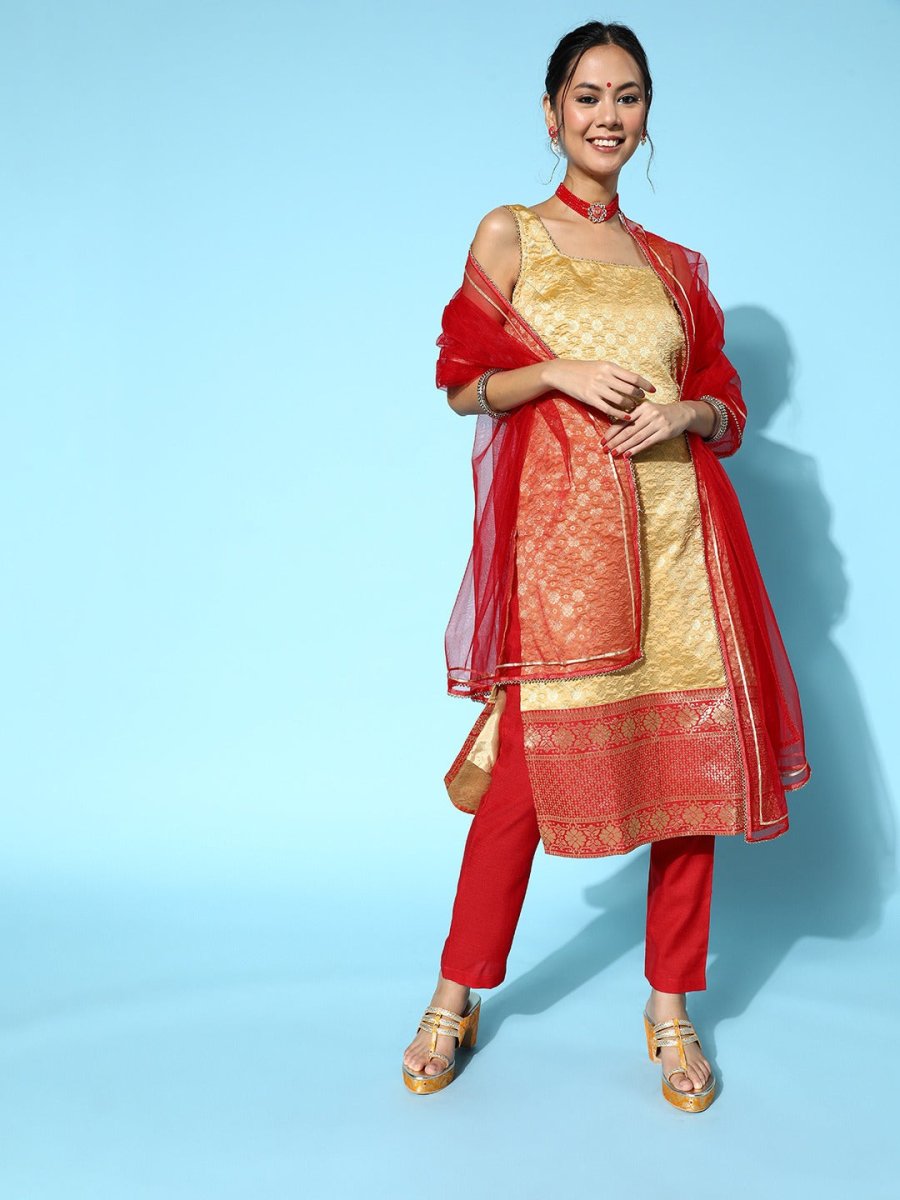 Women Woven Design Silk Blend Ethereal Embroidery Kurta Set - Inddus.com