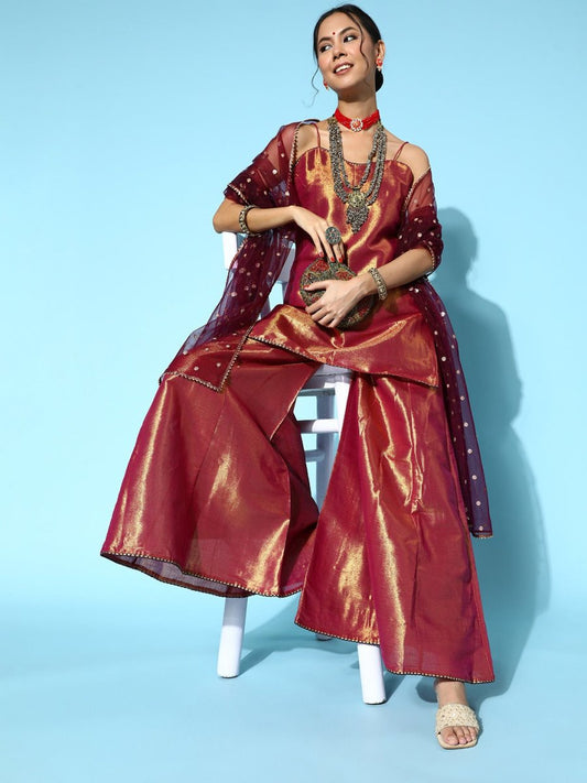 Women Woven Design Silk Blend Ethereal Embroidery Kurta Set - Inddus.com