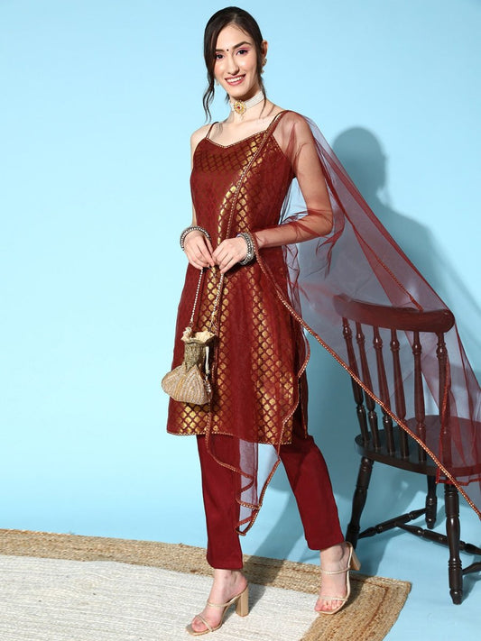 Women Woven Design Silk Blend Ethereal Embroidery Kurta Set - Inddus.com