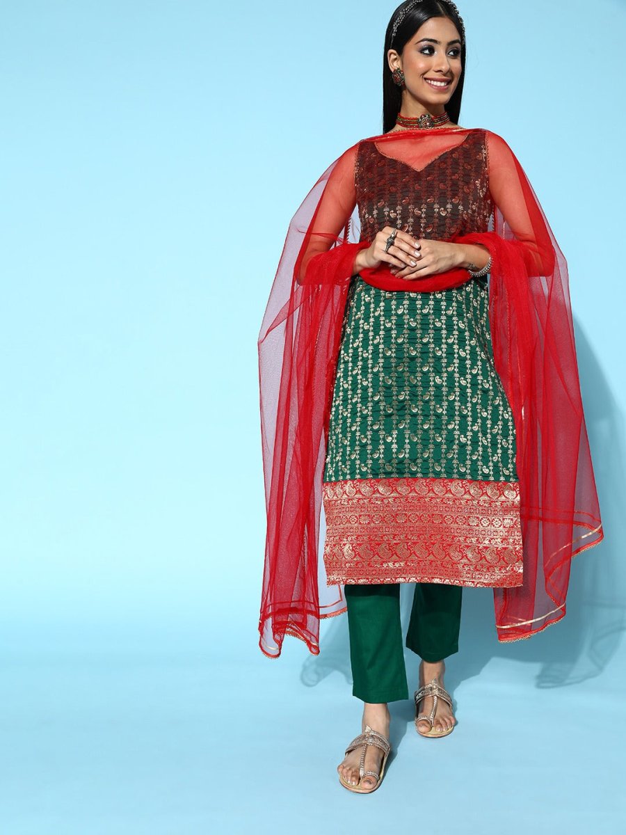 Women Woven Design Silk Blend Ethereal Embroidery Kurta Set - Inddus.com