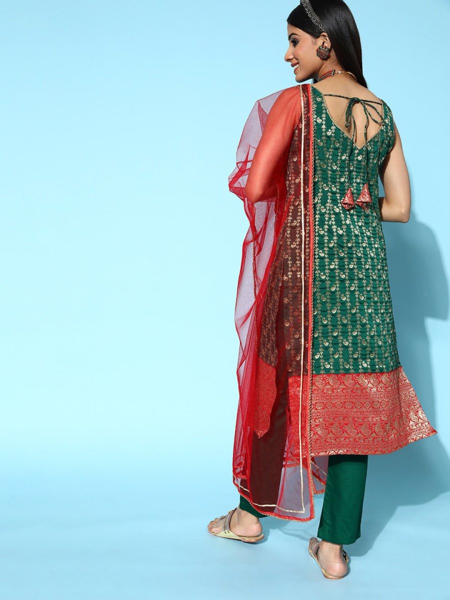 Women Woven Design Silk Blend Ethereal Embroidery Kurta Set - Inddus.com