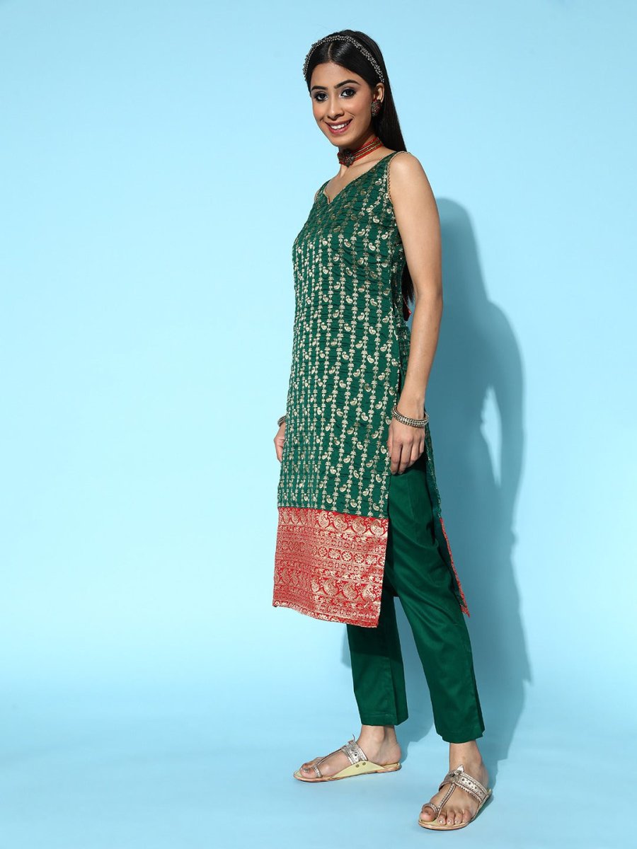 Women Woven Design Silk Blend Ethereal Embroidery Kurta Set - Inddus.com