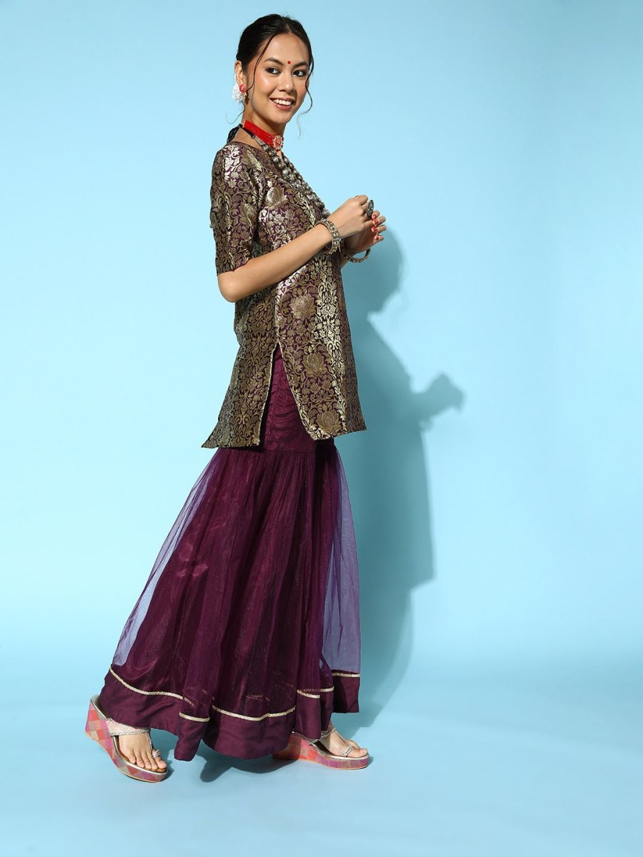 Women Woven Design Silk Blend Ethereal Embroidery Kurta Set - Inddus.com