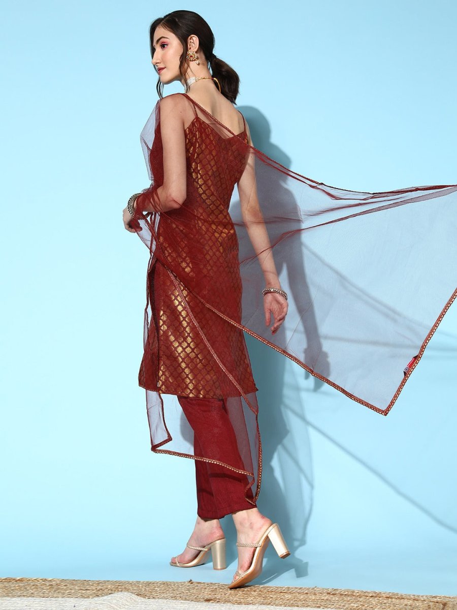 Women Woven Design Silk Blend Ethereal Embroidery Kurta Set - Inddus.com