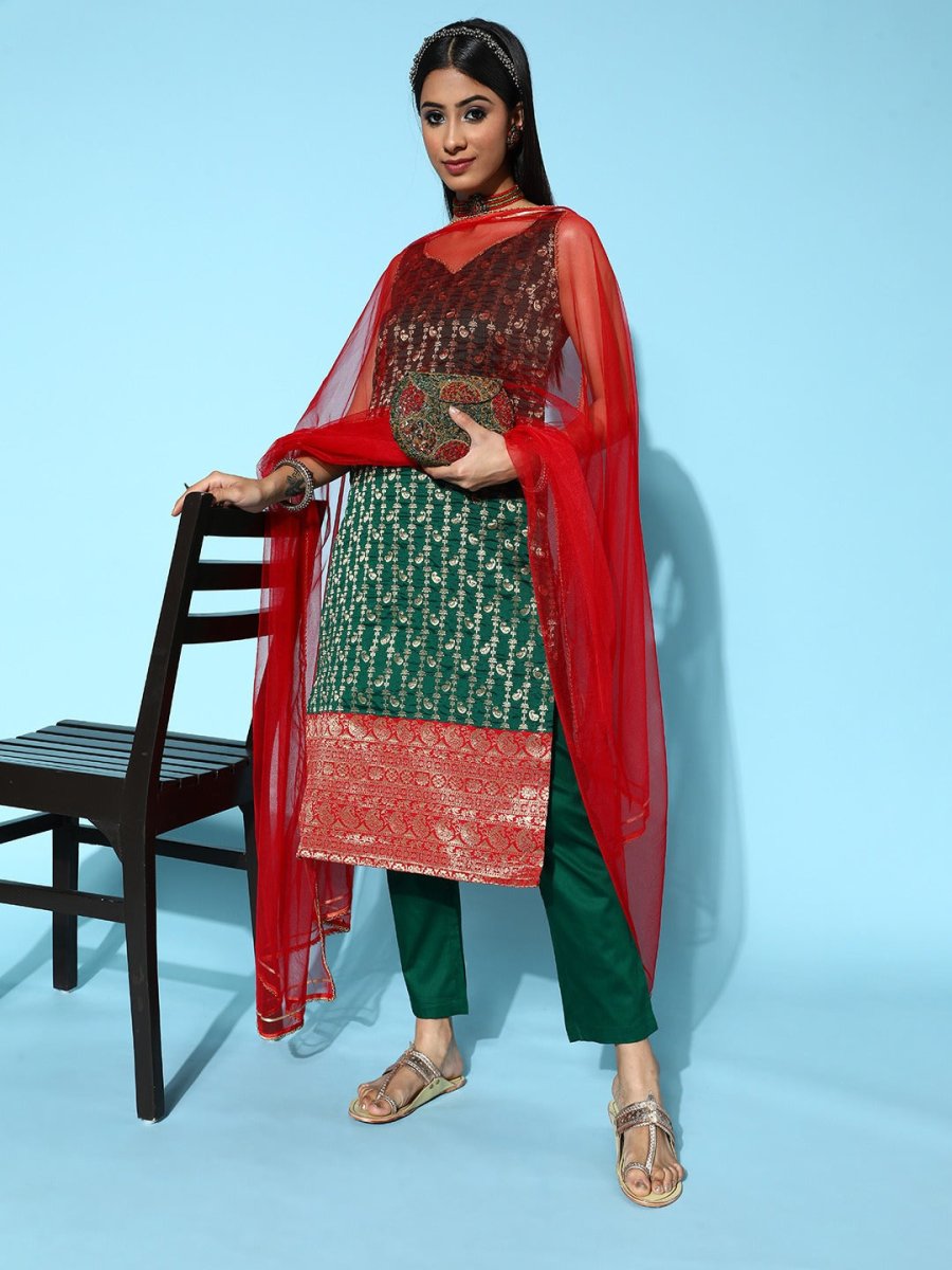 Women Woven Design Silk Blend Ethereal Embroidery Kurta Set - Inddus.com