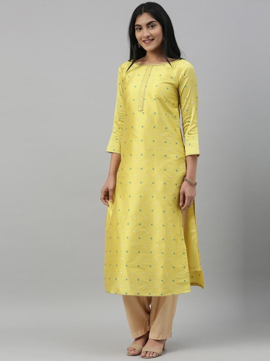 Women Yellow & Blue Woven Design A-Line Kurta - Inddus.com