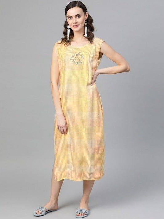 Women Yellow Checked A-Line Dress with Floral Detail & Ethnic Jacket - Inddus.com