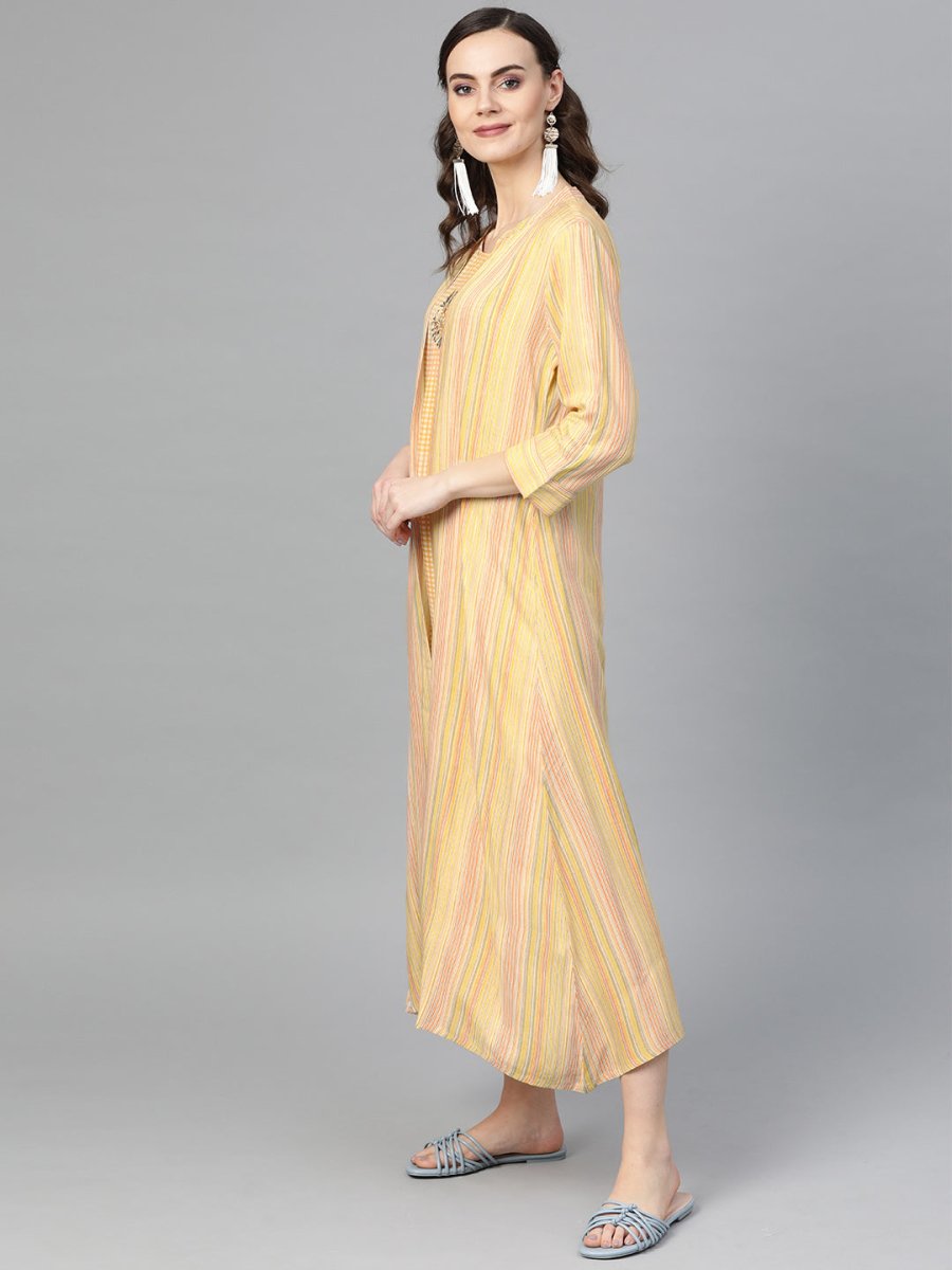 Women Yellow Checked A-Line Dress with Floral Detail & Ethnic Jacket - Inddus.com