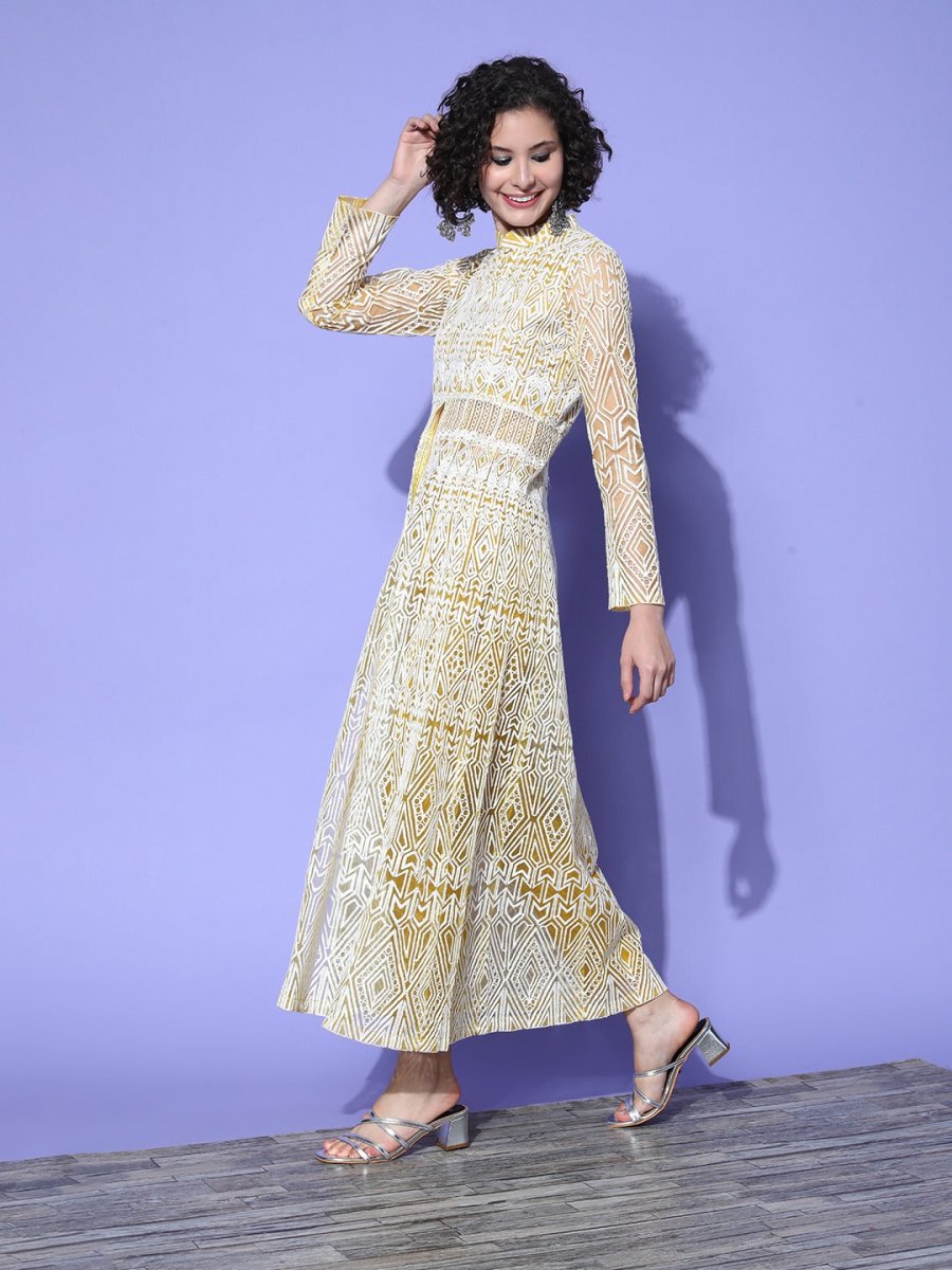 Women Yellow Embroidered High Slit Thread Work Kurta with Trousers - Inddus.com