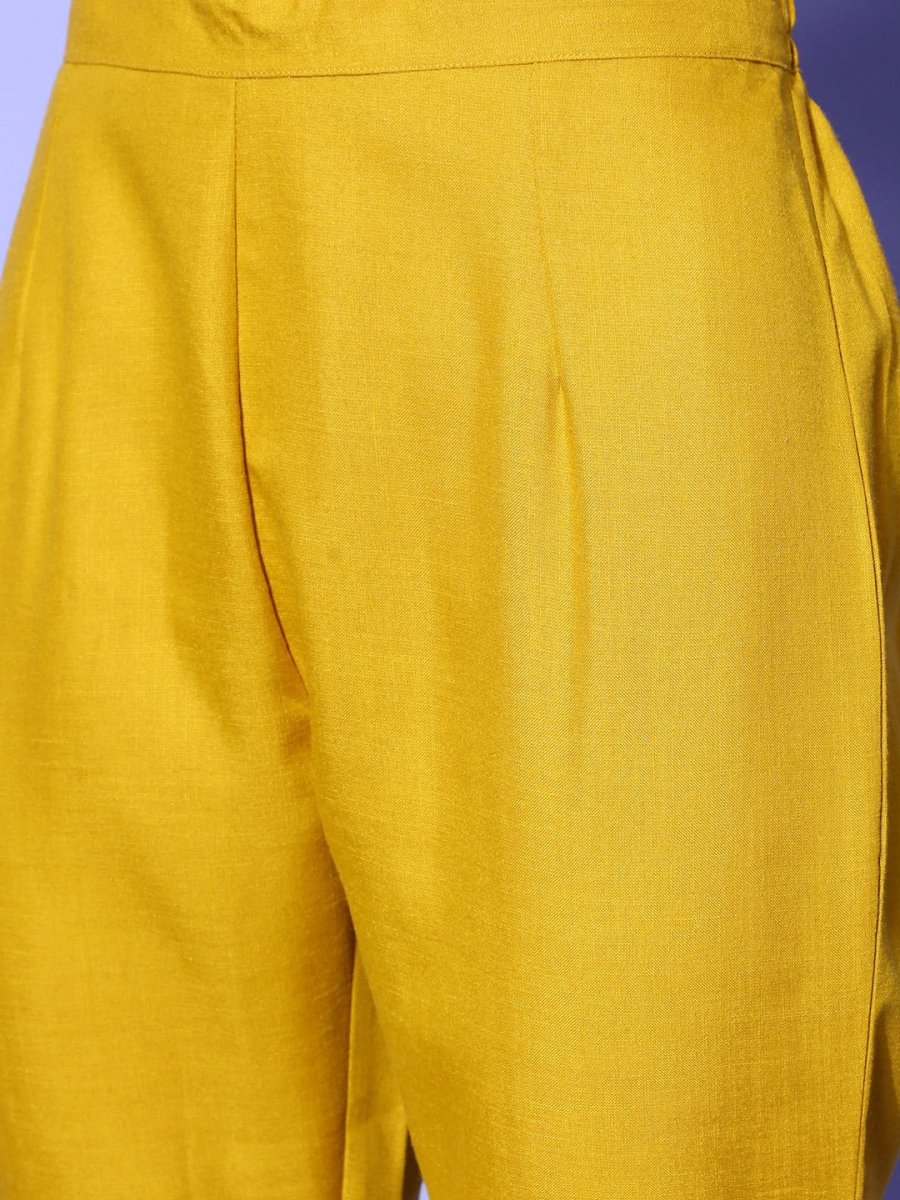 Women Yellow Embroidered High Slit Thread Work Kurta with Trousers - Inddus.com