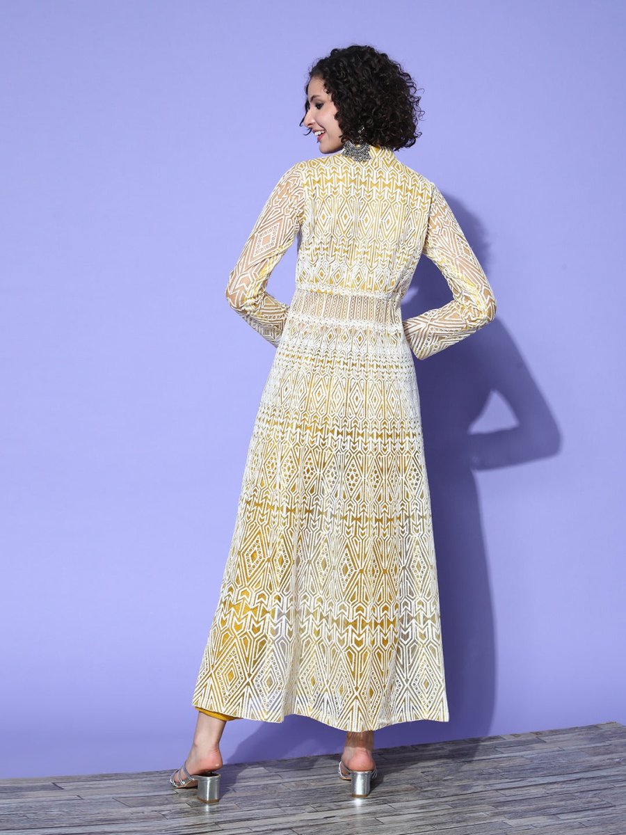 Women Yellow Embroidered High Slit Thread Work Kurta with Trousers - Inddus.com