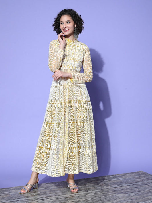 Women Yellow Embroidered High Slit Thread Work Kurta with Trousers - Inddus.com